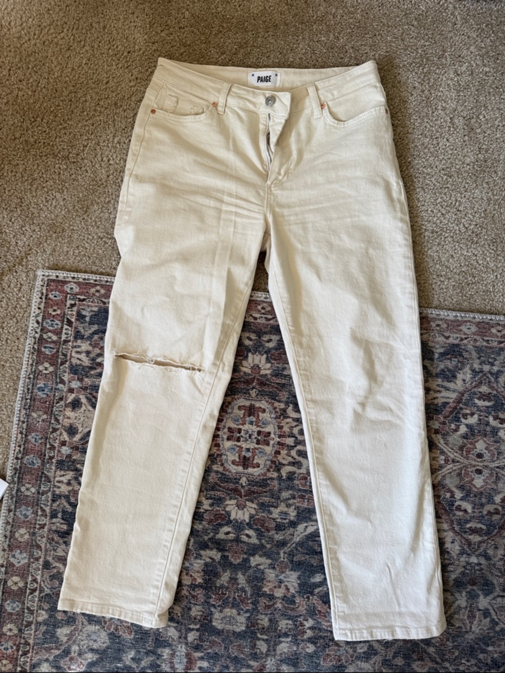 PAIGE Off-White Straight Leg Jeans with Knee Rip